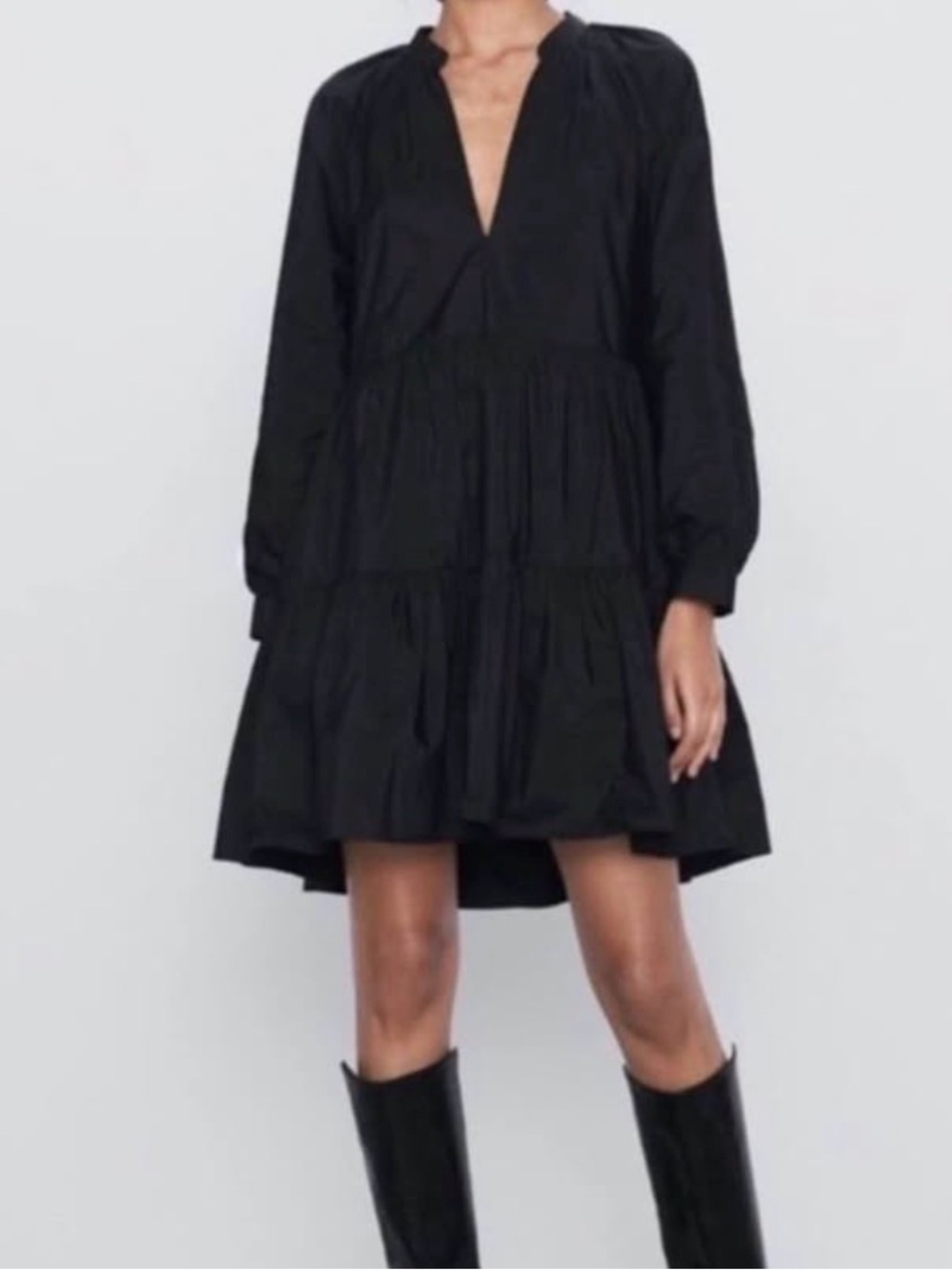 Zara Black Tiered V-Neck Long-Sleeve Mini Dress